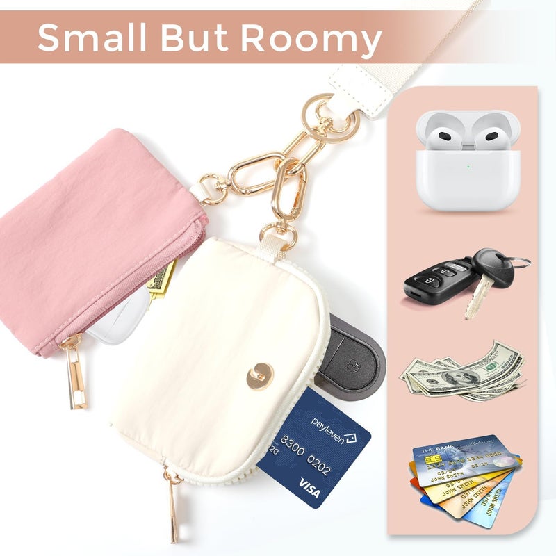 JEEBURYEE Dual Pouch Wristlet Keychain Wallet with 2 Wrist Straps - Small and Portable Mini Zipper Coin Purse Card Wallets for Women Men Gold Hardware Pink+Ivory - Image 3